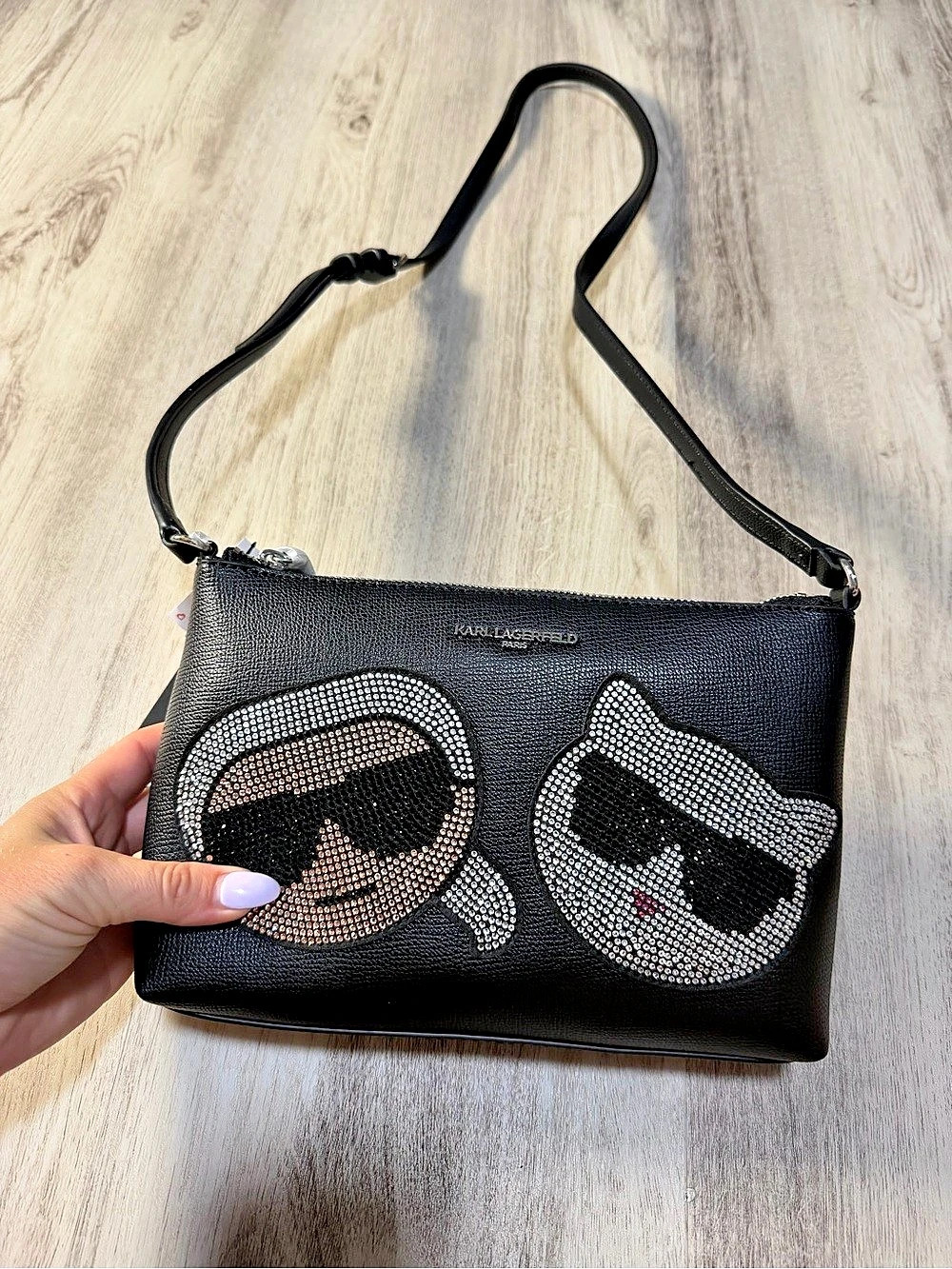 KARL LAGERFELD Maybelle Rhinestone Duo Camera Crossbody Bag Black & Silver